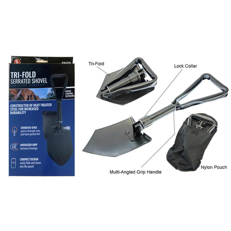 23" Premium Quality Black Tri-Fold Serrated Shovel w Carry Case